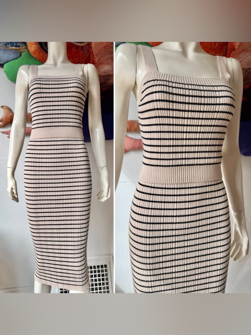 MARLED Striped Two Piece Set Stretchy Tank Skirt Separates Bodycon SMALL